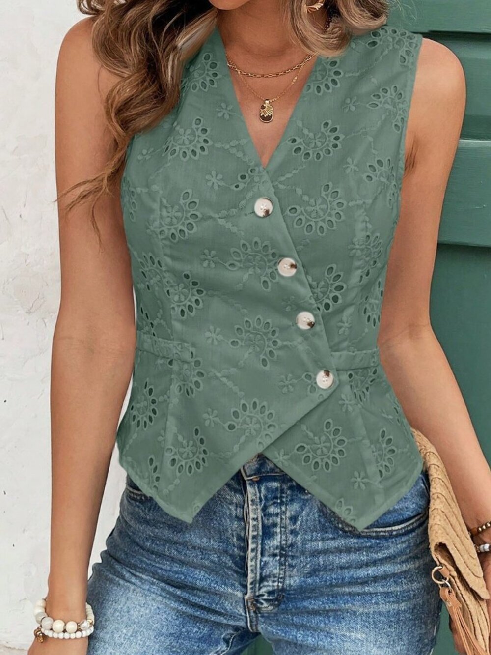 Green Casual Women's Plain Sleeveless Blouse, And - Picture 5 of 6